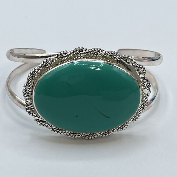 Vintage Best Silver Tone Turquoise Blue Acrylic Cabochon Open Cuff Bracelet - Picture 3 of 7